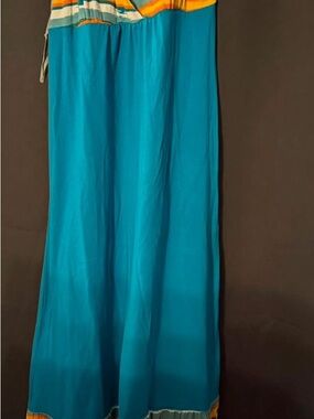 Decree Teal Maxi Dress with Yellow and Multicolor Stripe Detail